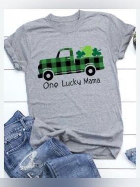 Gray Tee with Green Plaid Truck and Shamrocks size S